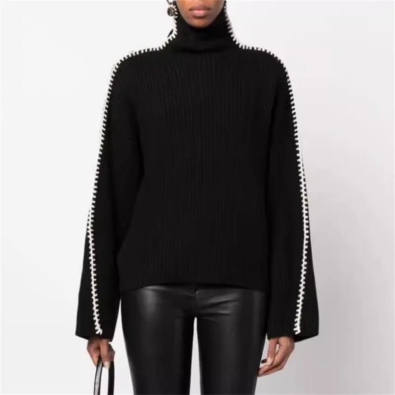 

Women's sweater 2023 Autumn New Korean Fashion Contrast color Quilted new knit High neck long sleeved pullovers y2k wool tops