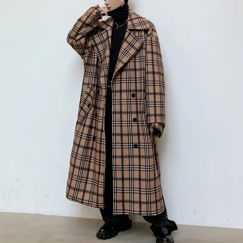 

Fashion Men Trench Long Style Lapel Long Sleeve Belt Loose Wool Plaid Overcoat Streetwear Casual Men Windbreaker