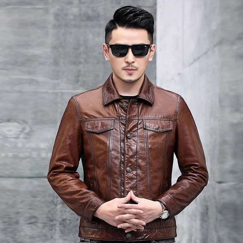 

2023 Autumn/Winter New Haining Leather Coat Men's Leather Coat Flip Collar Motorcycle Leather Jacket Men's Top Layer Cowhide Coa