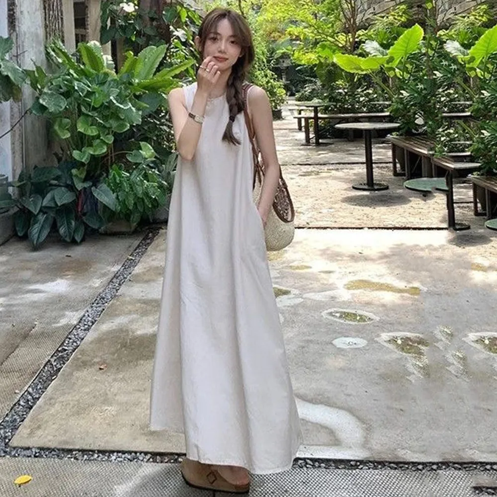 

Open Back Vacation Camisole Sleeveless Vest Dress For Women Summer Design Niche Loose And White Beach Long Vestido 이브닝 드레스 2024