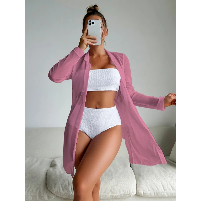 2024 New Swimsuit Women's Split High Waist Pure Color Bikini Internet Celebrity Blouse Ins Long Sleeve Swimsuit