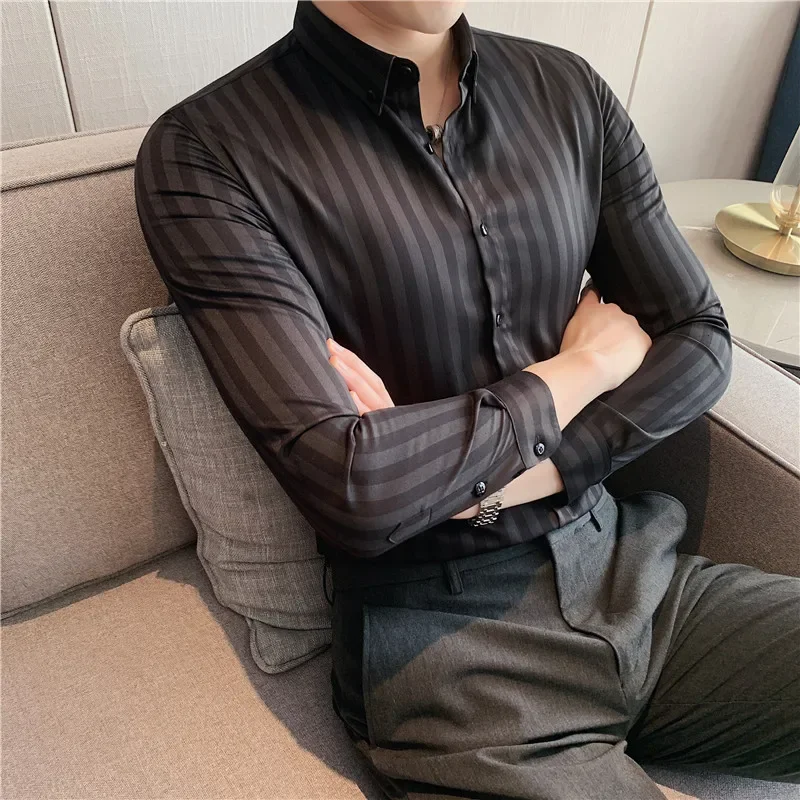 

Men Striped Shirt British Style Fashion Slim 2022 Spring New Business Formal Wear Casual Wrinkle-free Shirt Men Clothing