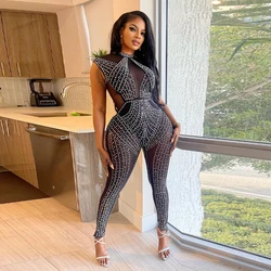 Jumpsuit Women Mesh Rhinestone See Through Sleeveless Bodysuit Jumpsuits One Piece Women's Pants Carnival Festival Outfit Woman