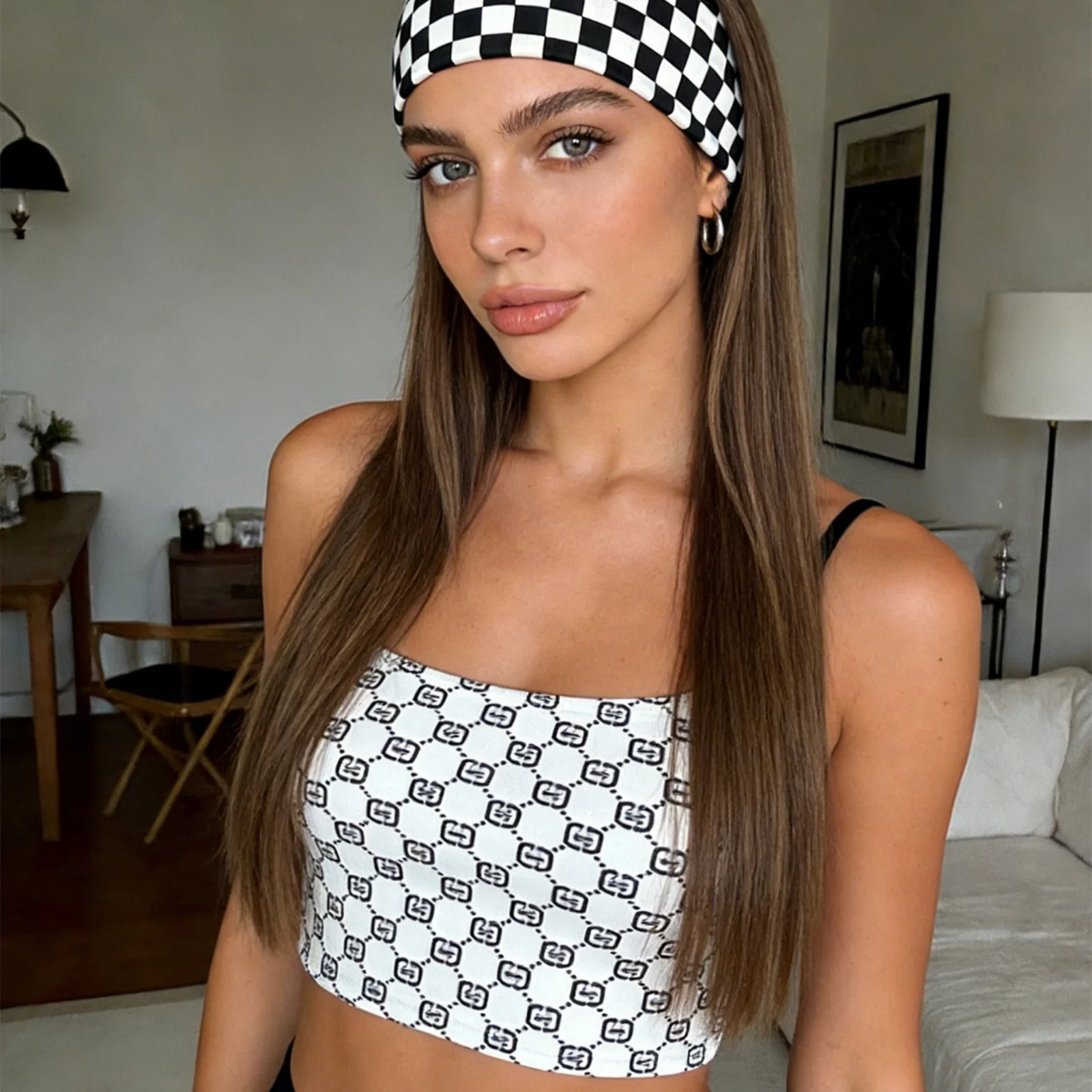 1 Stück elastische Stirnbänder mit Schachbrettmuster für Damen, modische, schweißabsorbierende Sport-Haarbänder für Yoga, Fitness und tägliche Make-up-Anwendung – Detail 8