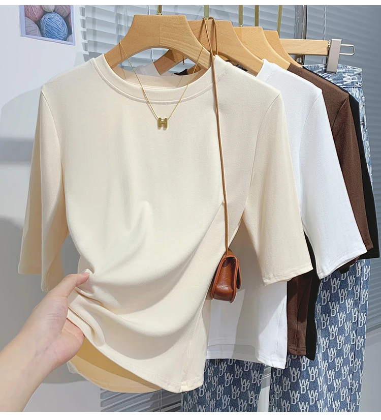 Cotton Womens Crew Neck T-Shirt - Summer Short Sleeve Basic Top