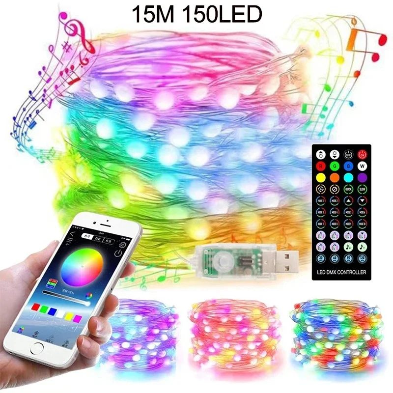 thumbnail image 1 of Cadena de luces LED con Bluetooth de 5/10/20 m para decoración de árboles de Navidad, bodas, guirnaldas, luces de cortina con control remoto, 1 of 5