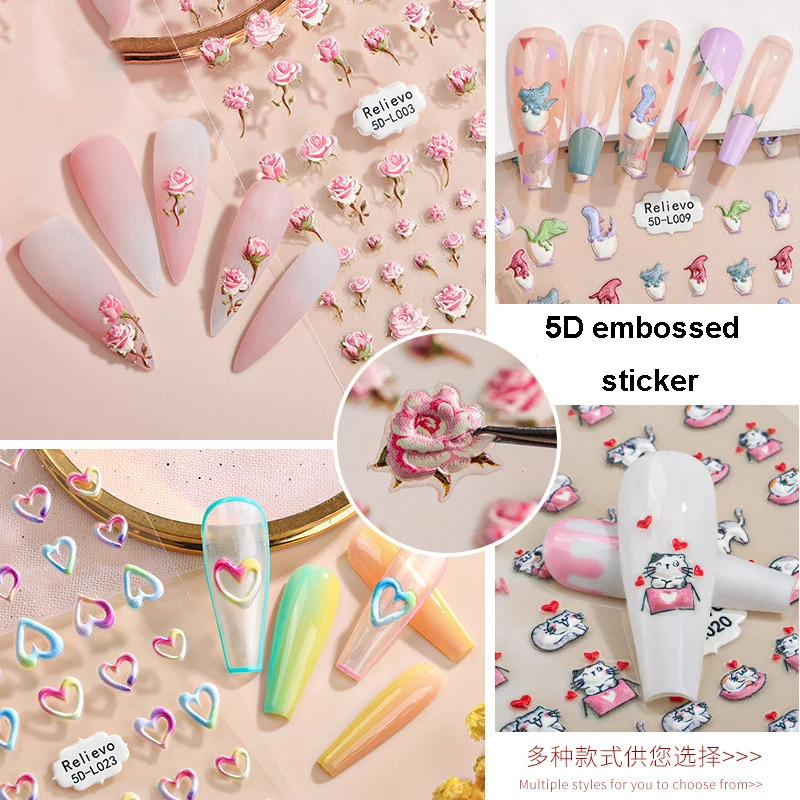 

5D embossed stickers press on nails accesories faux ongles cute animals flowers kawaii designs manicure sliders nail art decal