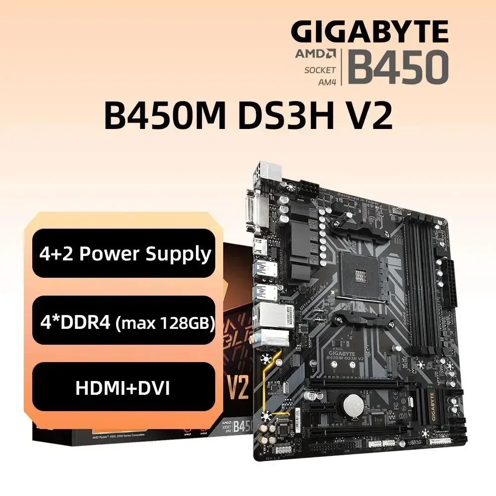 

GIGABYTE B450M DS3H V2 системная плата AMD AM4 для Ryzen 3/4/5 Series CPU 4 * DDR4, PCI-E 3,0 X16 ,4XSATA3.0 ,M.2, HDMI/DVI