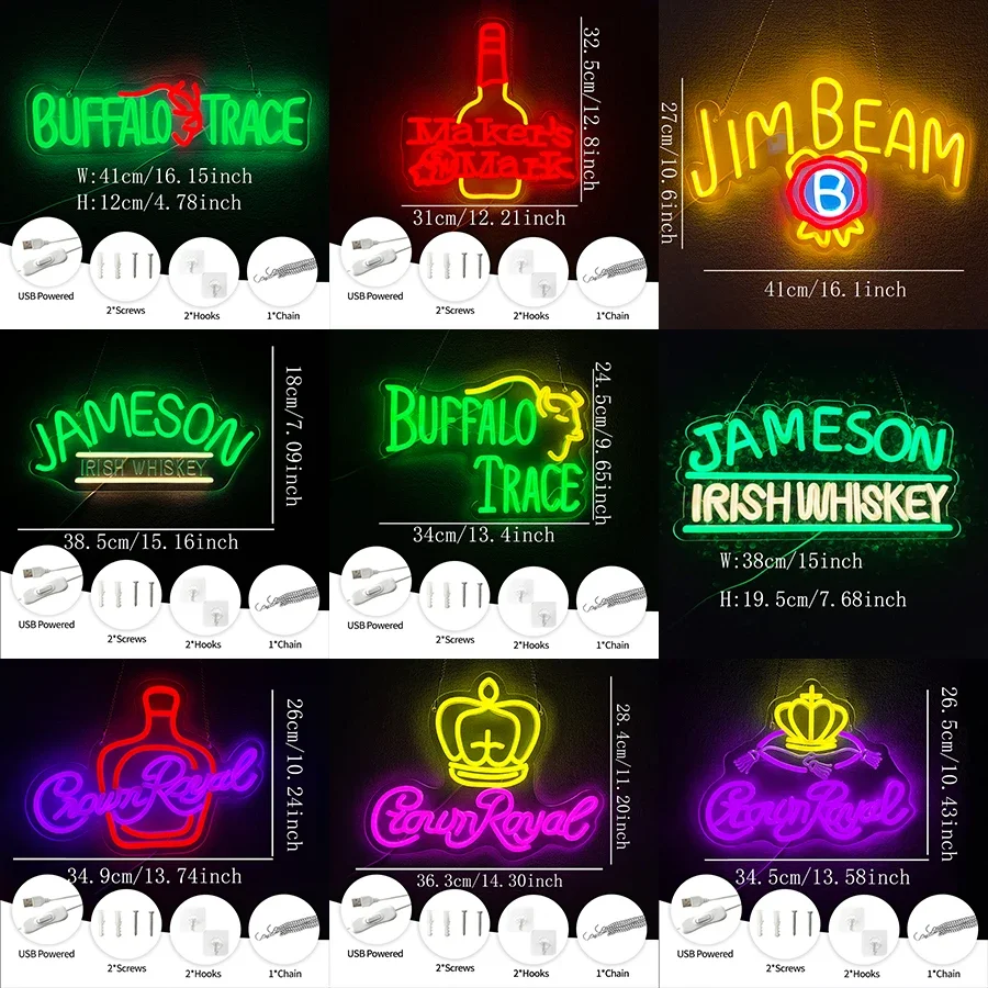 벽 장 버팔로 위스키 네온 사인, Jameson/Maker Mark/Crown Canadian Whiskey Signs for Man Cave Pub Bistro Party Decor