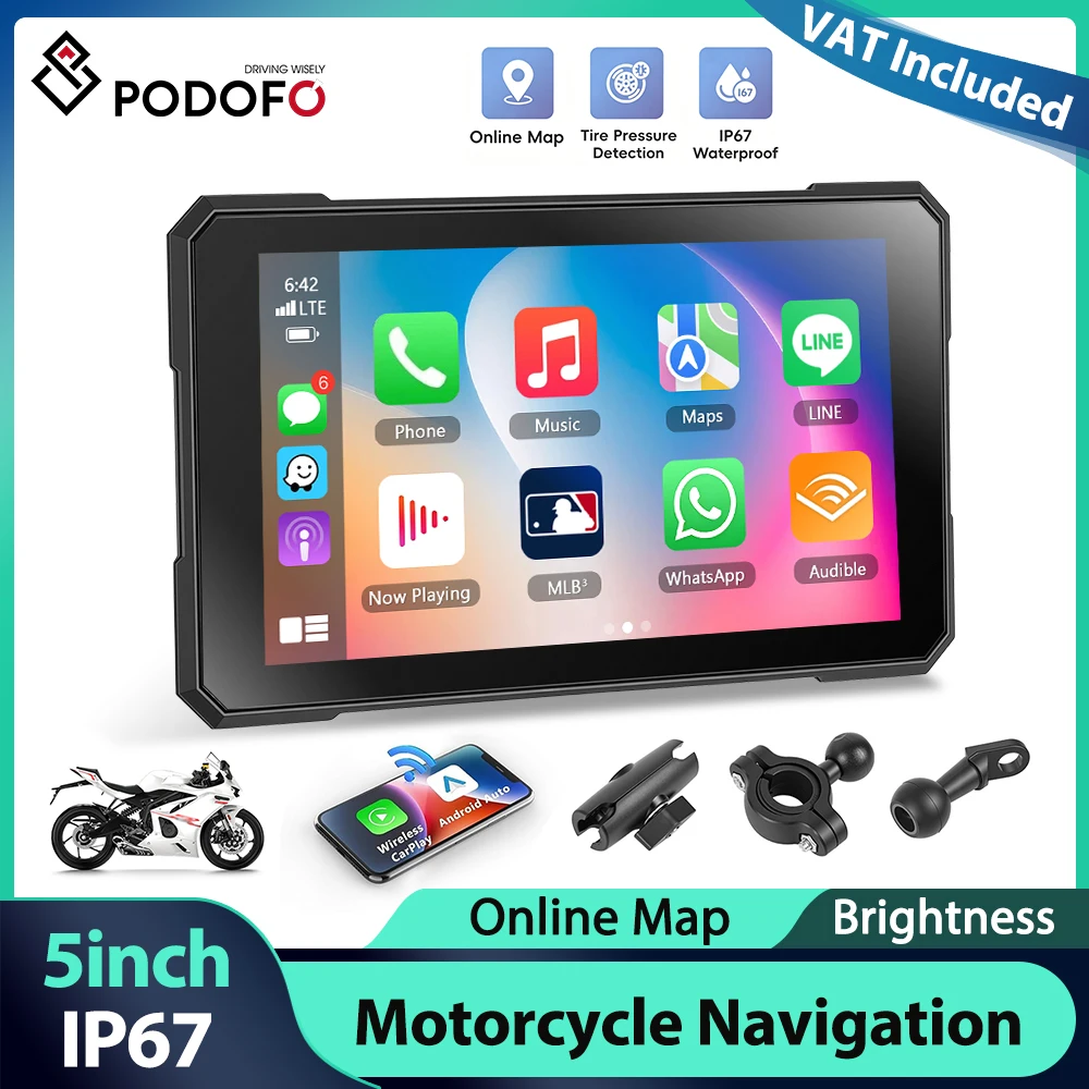 Podofo 5'' Lecteur multimédia intelligent pour moto avec Carplay Android Auto, étanche IP67, prise en charge de la surveillance de la pression des pneus, réglage de l'heure 1