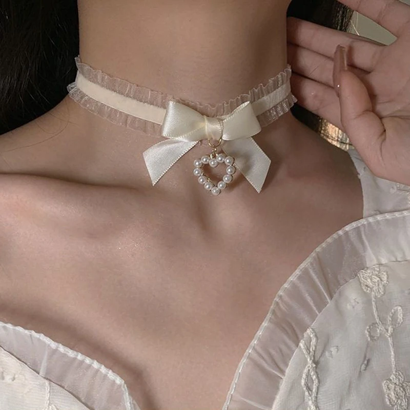 Frauen Lolitas handgemachte Vintage Spitze Herz Halsreif niedlichen Kragen für Frauen Gothic Bogen Knoten Halskette Mädchen Uniform Accessoires – Detail 2