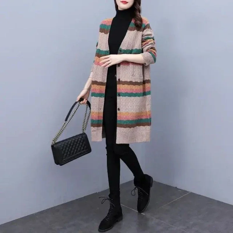 

V-neck Knit Tops for Woman Long Striped Black Cardigan Winter Button Women's Sweater Apricot Modern Crochet Warm Economics Tall