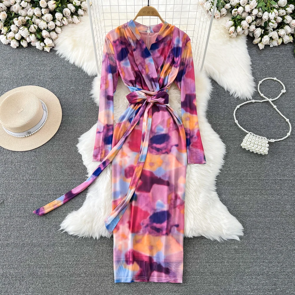 

VANOVICH Spring and Autumn Korean Style Temperament Long Sleeve V-neck Waist Slim Tie-dye Print Dress Fashion Elegant Long Dress