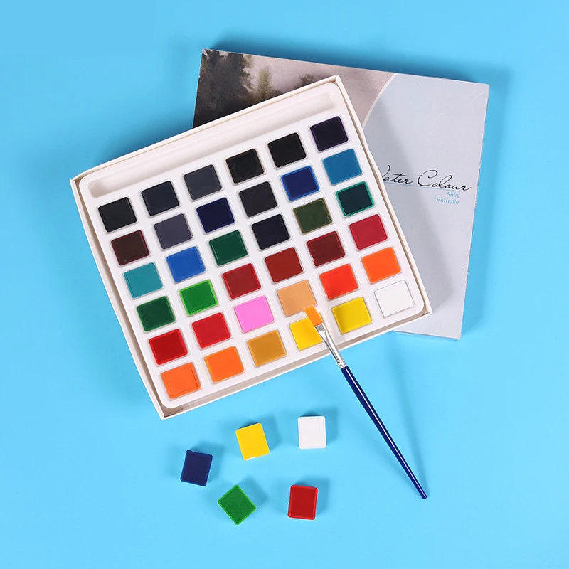 Portable Solid Watercolor Paint Set 12/18/24/36 Colors with Paint Brushes, Non-Toxic Water Color Pigment Kit for Kids, Students 1
