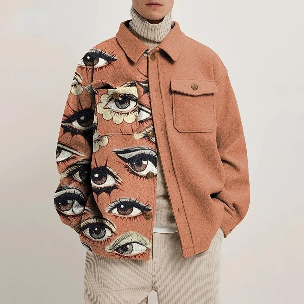 

Men Coat Autumn Long-sleeved Abstract Print Orange Lapel Loose Casual Hipster Spring Autumn Jacket Pocket Single-breasted Jacket