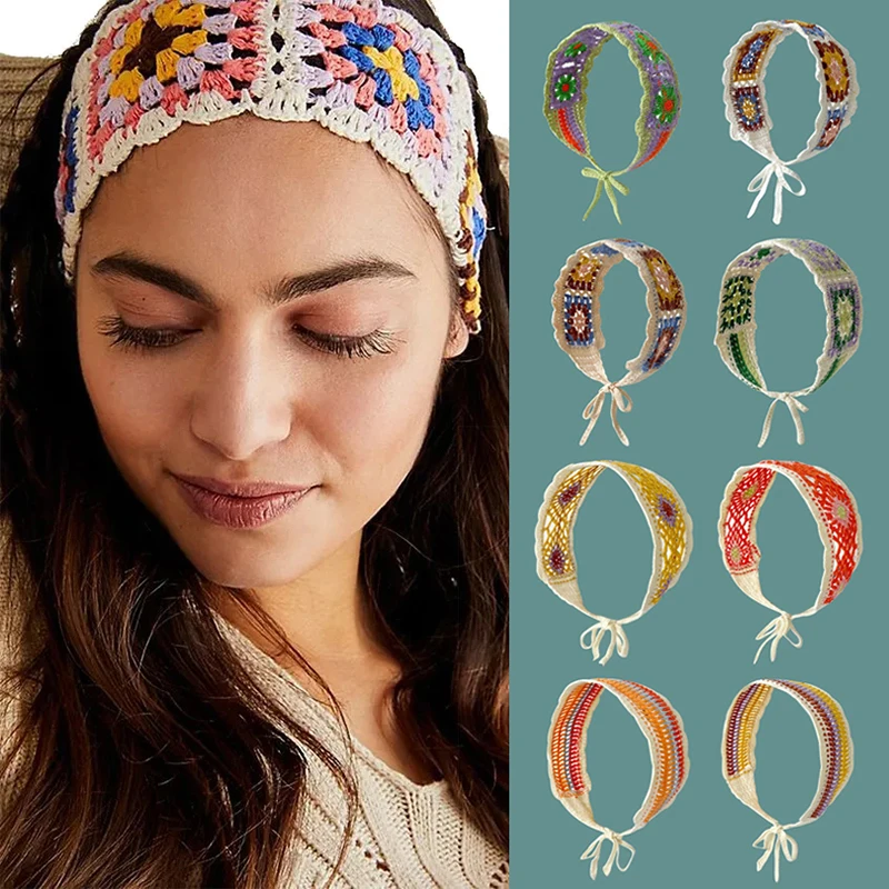 

Vintage Crochet Knitting Headbands Bohemian Flower Hair Scarf Holiday Headwrap Women Triangle Bandanas Turban Hair Accessories