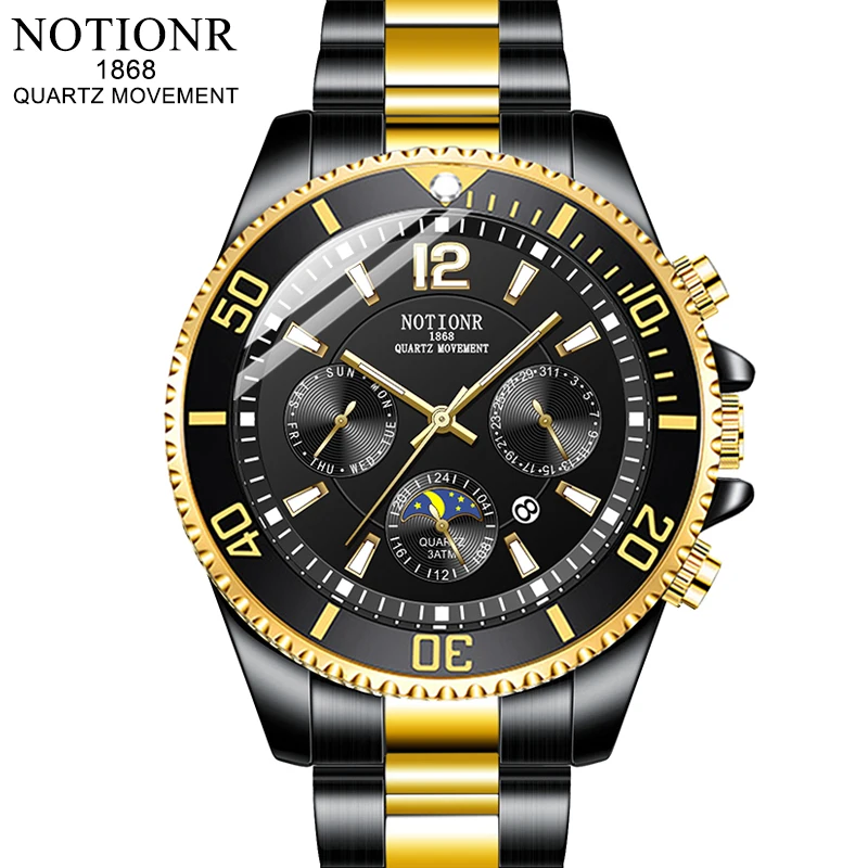 NOTIONR Fashion Men's Watches for Men Gold Stainless Steel Quartz Watch Luxury Man Business Luminous Clock relogio masculino
