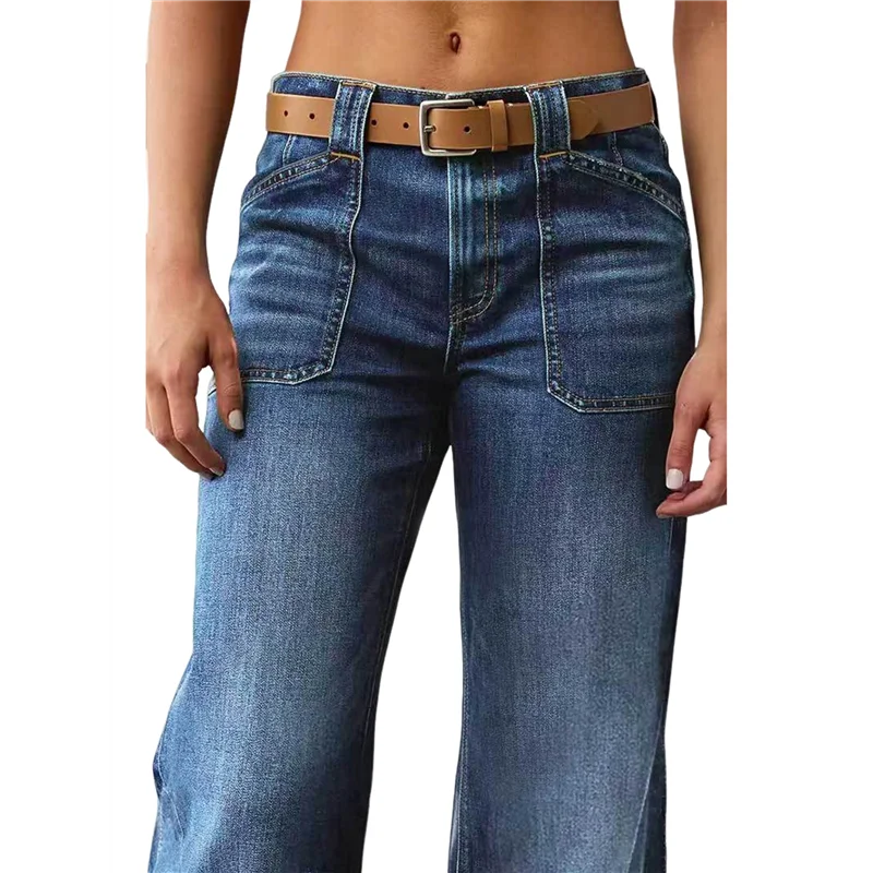 넓은 일자핏 미드라이즈 배기 포켓 데님 청바지 (벨트 없음)