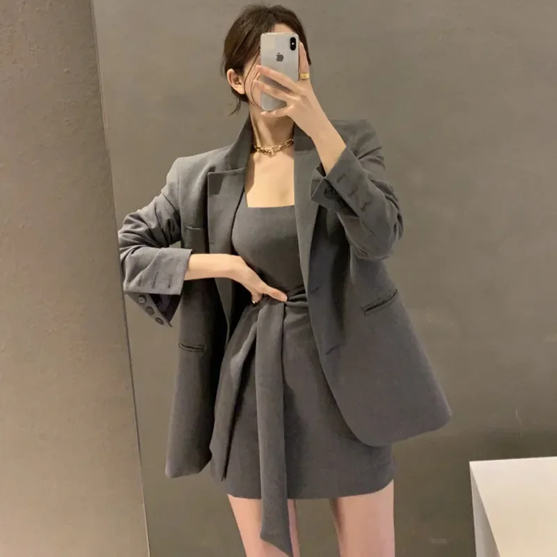 

Korea Chic Women Fashion 2 Piece Dress Suit Sleeveless Sash Slim Waist Mini Dress&loose Blazer Jacket Outfits 2PC Dress Sets