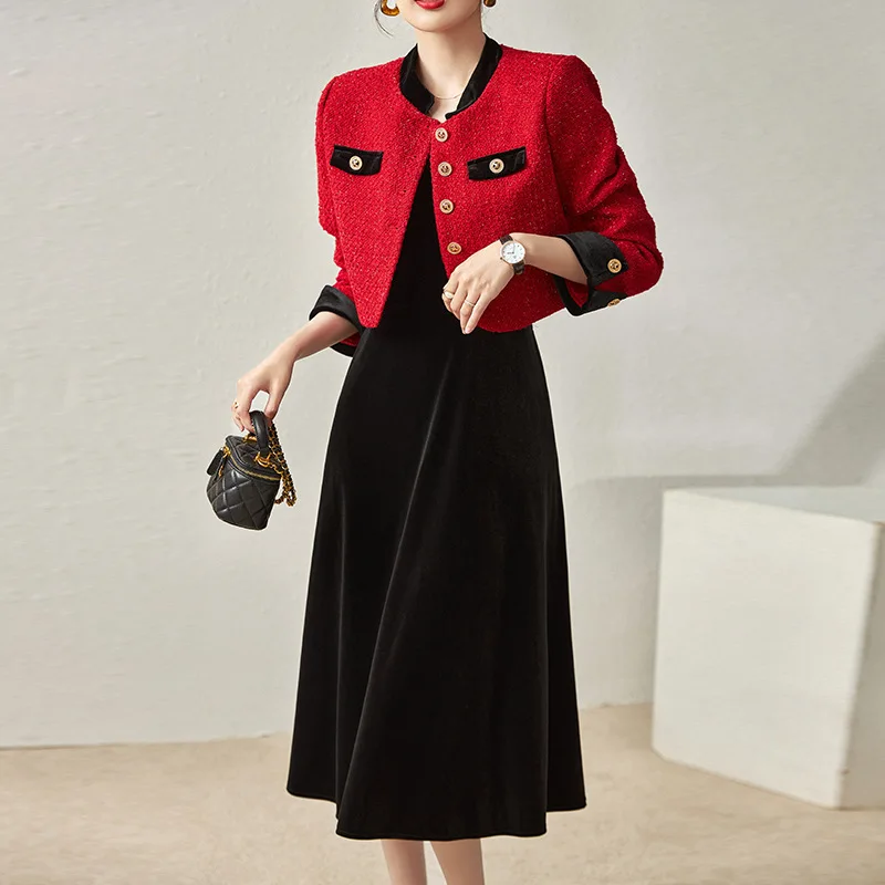 

Europe and the United States 2022 autumn winter new small fragrance style ladies tweed coat velvet strap skirt two pieces