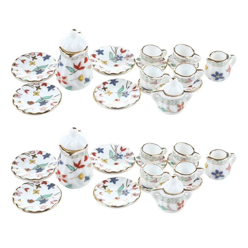 

30 Piece Miniature Dollhouse Dinnerware Porcelain Tea Set Tableware Cup Plate Colorful Floral Print