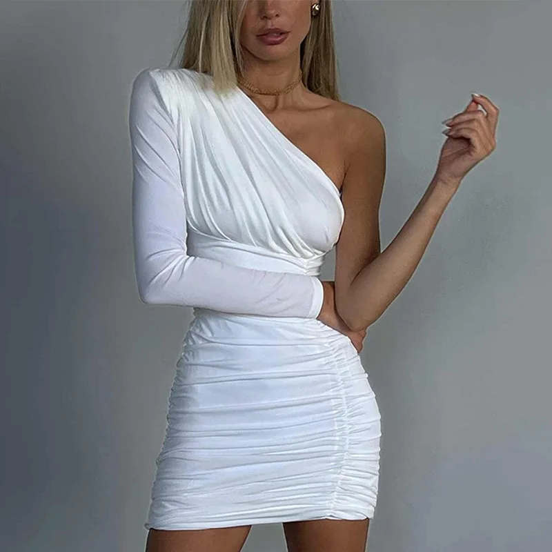 blue dress for baby girl Cotton Candy La Adeline Brown One-Shoulder Mini Dress | Size S | Bodycon Mesh Ruched One Shoulder