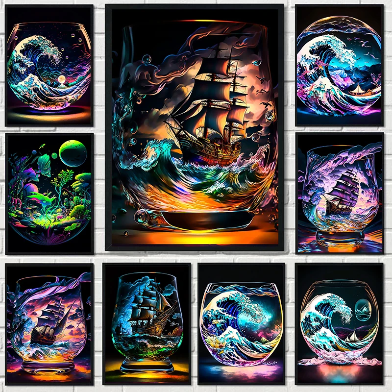 Fantasy World In Glass Poster Ship Forest Wave In Glass Canvas Painting And Prints Wall Art For Living Room Home Decor Decor