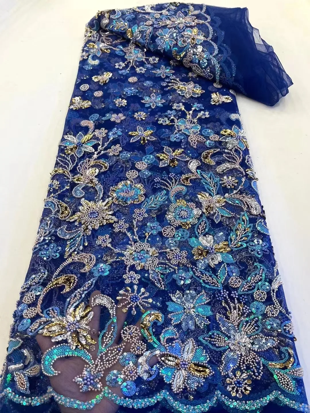 

French Sequins Tulle Lace Fabric Blue African Luxury Embroidered Handmade Beaded Mesh Lace Fabric Nigerian For Women Party Dress