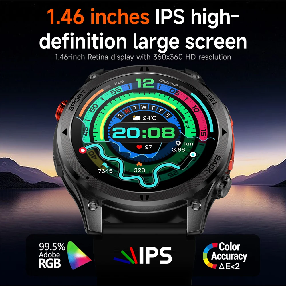 Novo Smartwatch Militar 2026 com bateria de 530mAh, GPS, resistência à água 3ATM, mais de 100 modos esportivos, Bluetooth e chamadas inteligentes._voghion.com