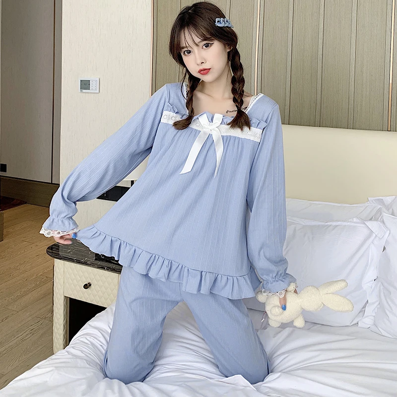 Spring and autumn new cotton pajamas women's lace lace sweet little fresh princess style long-sleeved trousers home service