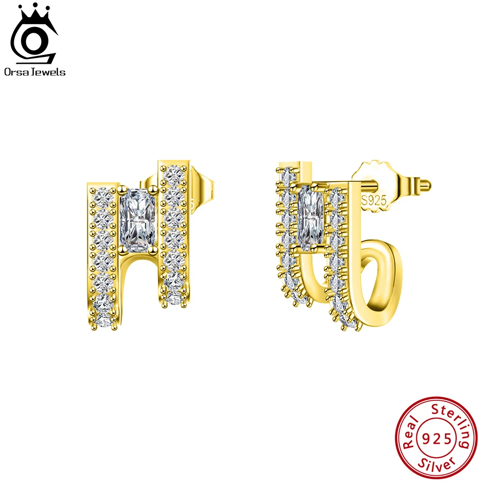 

ORSA JEWELS 14K Gold Plated Split Hoop Huggie Earrings for Women Sterling Silver Simple Cubic Zirconia Ear Stud Jewelry SE383