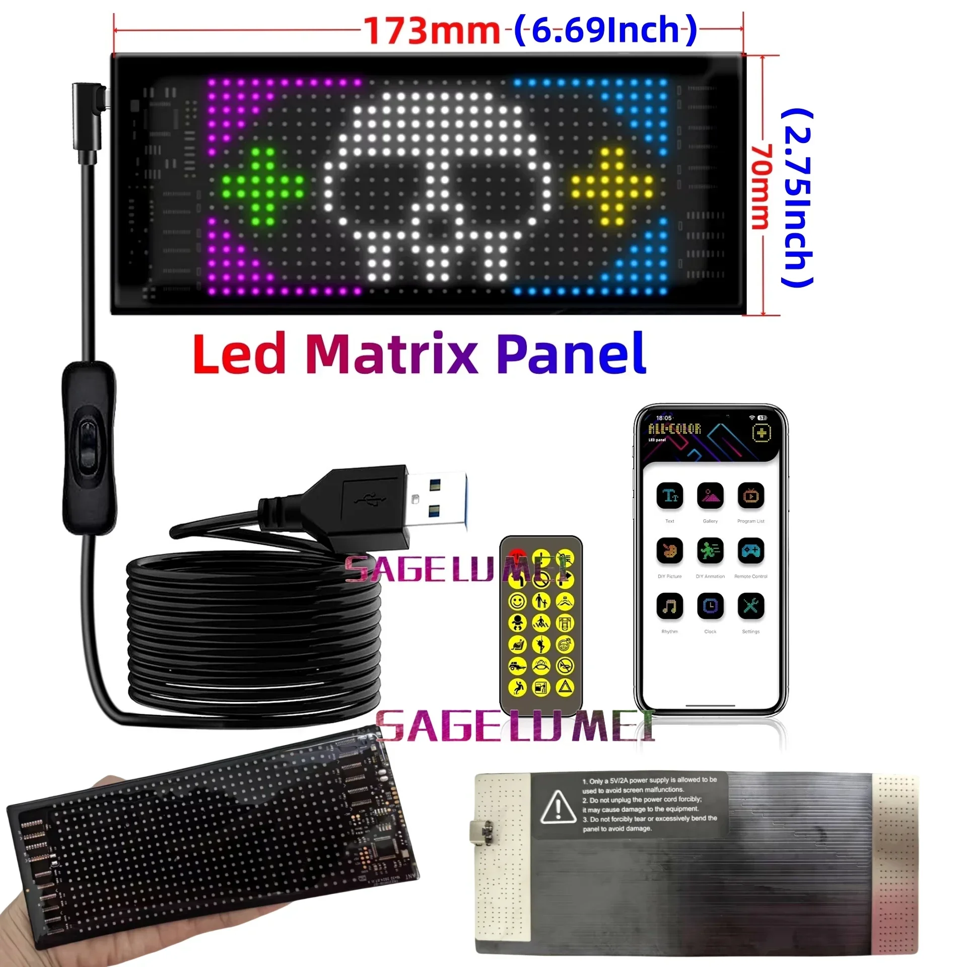 5V USB Smart App Remote Control Multilingual Car LED Matrix Pixel Panel Scrolling Advertising Car Truck Devil's Eye Signs Light 6