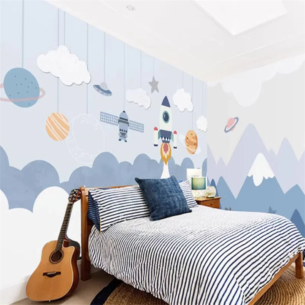 Papel de Parede Personalizado do Espaço dos Desenhos Animados 3d para o Quarto das Crianças Mural Quarto do Menino Jardim de Infância Aeronaves Fundo Decoração Home