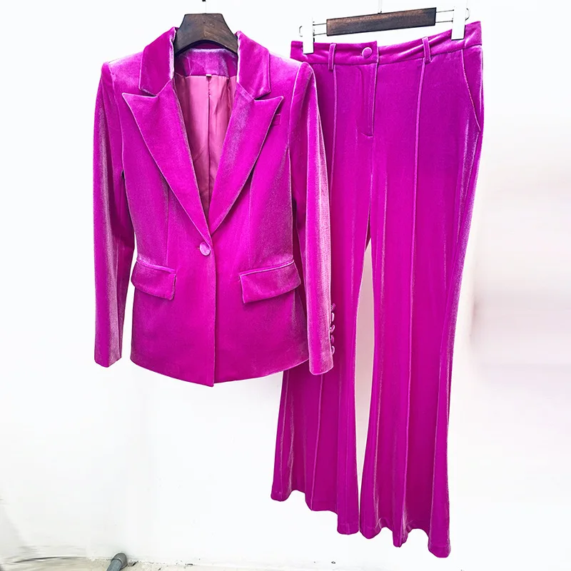 

Women Fashion Velvet Business Suits Autumn Winter Solid Color Single Button Blazer Wide Leg Flare Pants 2-piece Set Tuxedo Suits