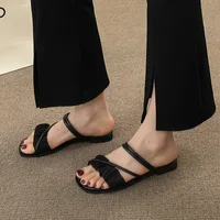 Sandales à Talons Carrés Élégantes pour Femme, Pantoufles d'Extérieur en Cuir Noué en Croix, à la Mode, Été, 2023 6