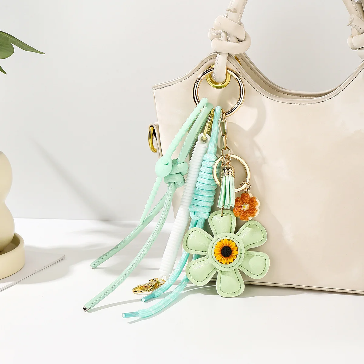 Sunflower Leather Bag Charm with Braided Rope - Fashionable Women's Keychain Accessory & Gift Wholesale