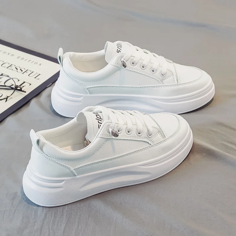 PU Leather Platform Shoes Flat Female Outdoor Elevator Sneakers Women Tennis Spring Vulcanize Thick-sole Running Trainers