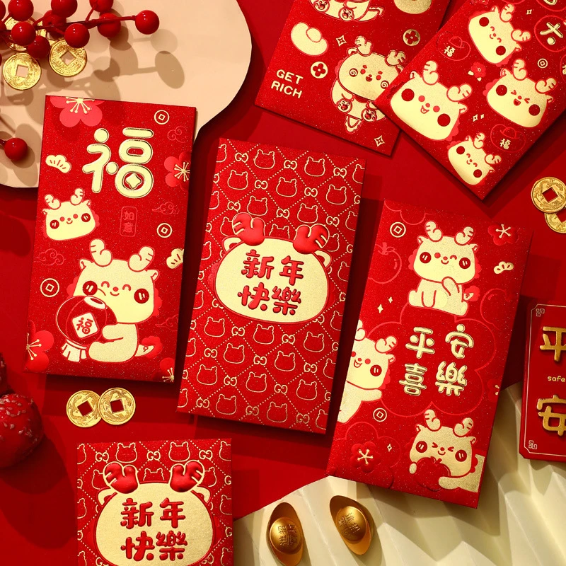 

6Pcs 2024 The Year Of Dragon Chinese Style Red Packet Cute Zodiac Dragon Pattern Red Envelopes Luck Money Bag New Year Supplies