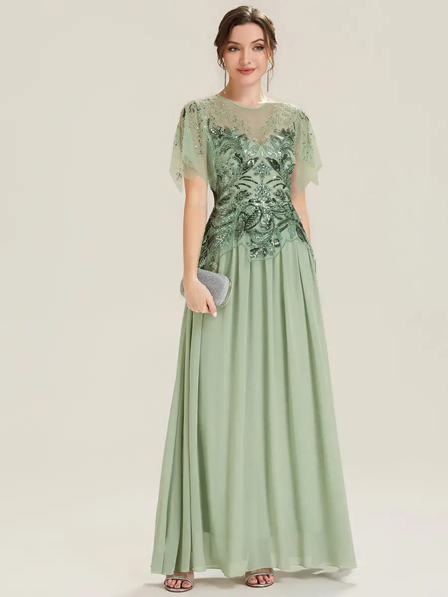 BAZIIINGAAA Party Dress A Short Sleeve Ruffle Sequin Round Neck A-Line Floor Length Evening Dresses