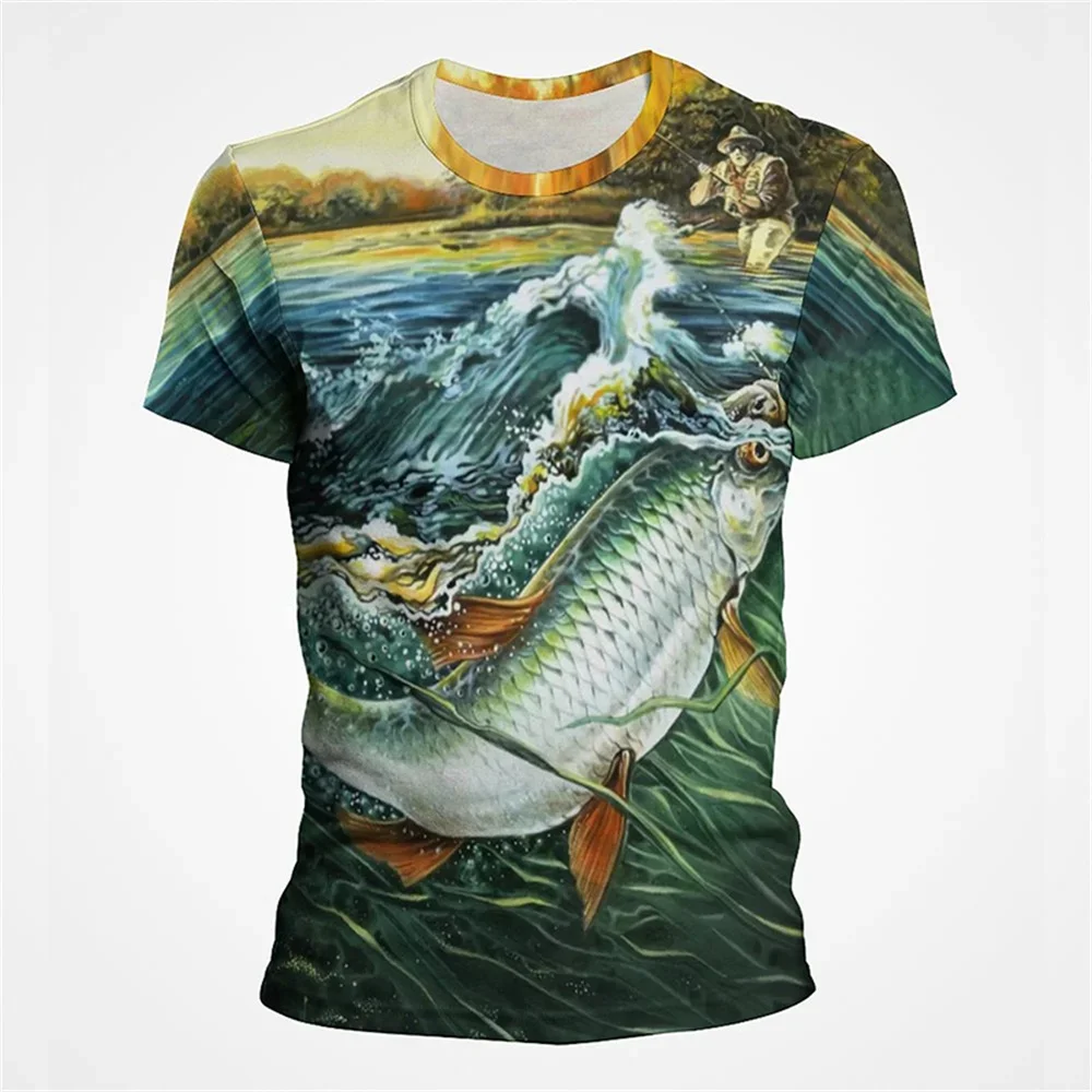 Summer Fashion Go Fishing Picture Men T-Shirts Casual 3D Print Tees Hip Hop Personality Round Neck Short Sleeve Tops