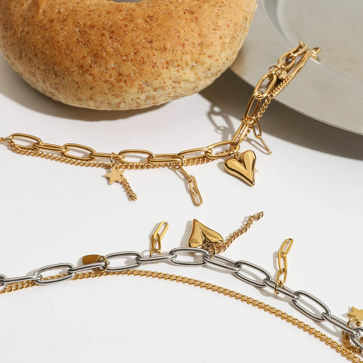 Stainless Steel Two Tone Metal Tassels Double-layer Chain Bracelet Waterproof Chunky Heart Adjustable Bracelets Vintage Jewelry