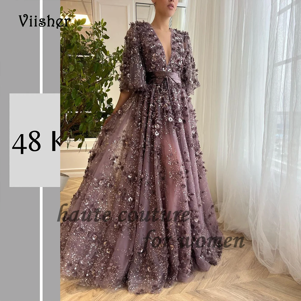 

Sequin Sparkly Tulle A Line Fairy Prom Dresses Half Sleeve V Neck Homecoming Party Dress with Train Long Evening Graduation Gown