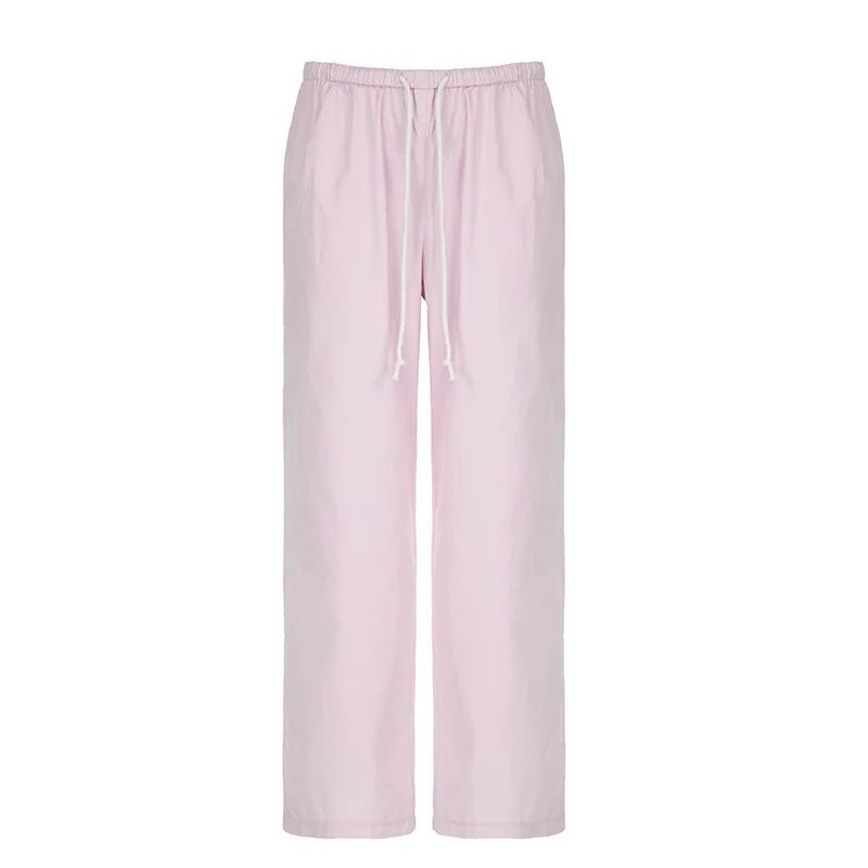 Street Style Pink Simple Basic Woven Pants Low Waist Drawstring Loose Straight Leg Casual Pants