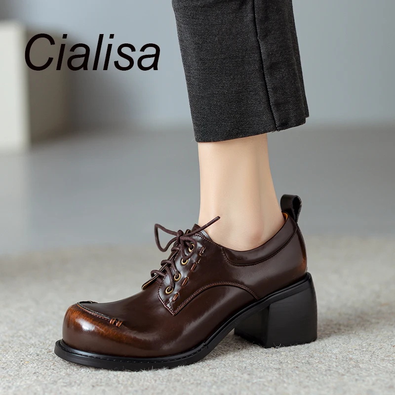 

Туфли Cialisa женские с круглым носком, винтажные повседневные лоферы, на шнуровке, высокий каблук, ручная работа, коричневые, размеры 40, весна 2024