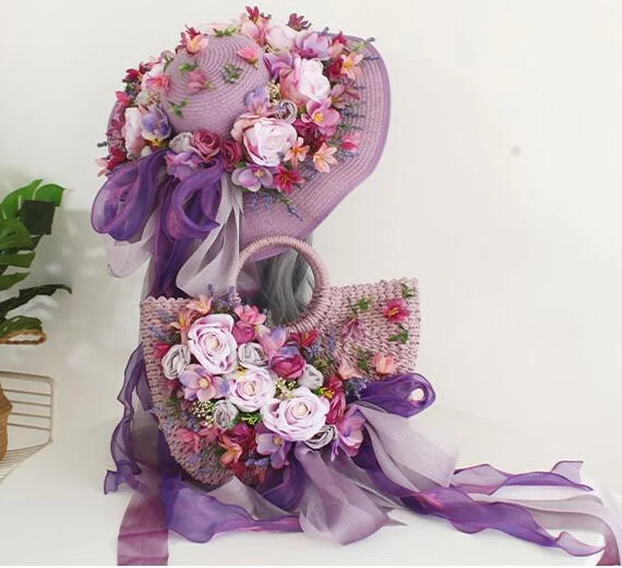 

Fashion Women Summer Straw Large Tote Bag Casual flower handmade rattan bag with sun hat 2022 New Handbag Beach Basket