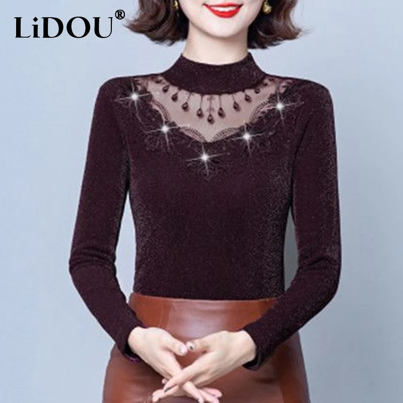 

2023 Spring Autumn Solid Color Fashion Stand Collar Long Sleeve T-Shirts Women Hollow Diamonds Bright Silk All-match Pullovers