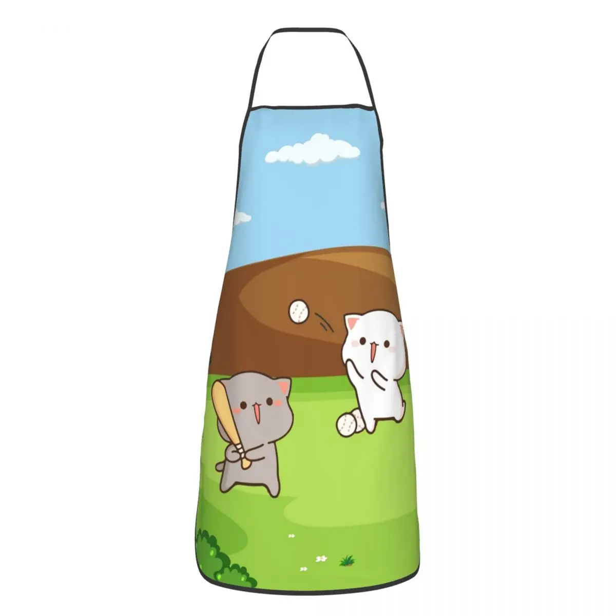 

Peach And Goma Playing Baseball Apron for Women Men Unisex Bib Mochi Cat Kitchen Cooking Tablier Cuisine Chef Baking