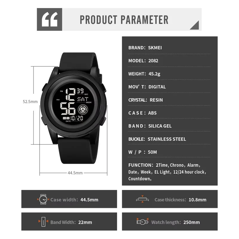 SKMEI 2082 Military Sport Men Wristwatches Back Light Stopwatch Waterproof Date Countdown Men's Watches Clock 1793 Reloj hombre 6