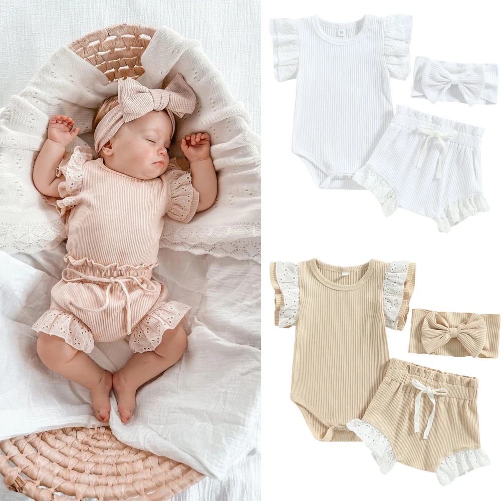 

3Pcs Infant Baby Girl Summer Clothes Ruffle Lace Short Sleeve Romper Tops and Shorts Summer Outfits Clothing Sets