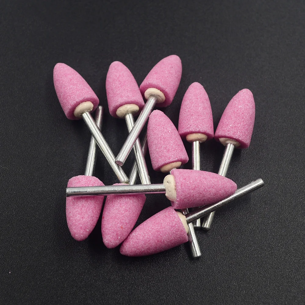 10pcs 3mm Shaft Mounted Ceramic Grinding Head Polishing Abrasive Wheel Dremel Rotary Power Tools Bullet-shape Pink